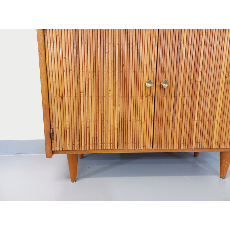 Vintage secretary cabinet in rattan and beech by Adrien Audoux and Frida Minet, 1960