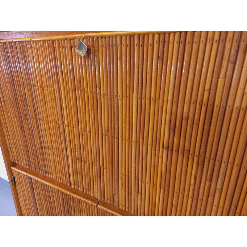 Vintage secretary cabinet in rattan and beech by Adrien Audoux and Frida Minet, 1960
