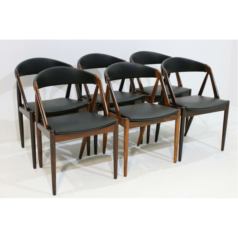 Suite de 6 chaises en palissandre et skai de Kai Kristiansen - 1960