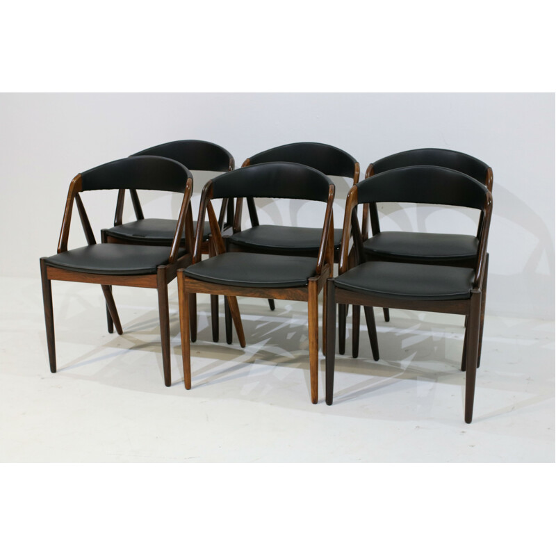 Suite de 6 chaises en palissandre et skai de Kai Kristiansen - 1960