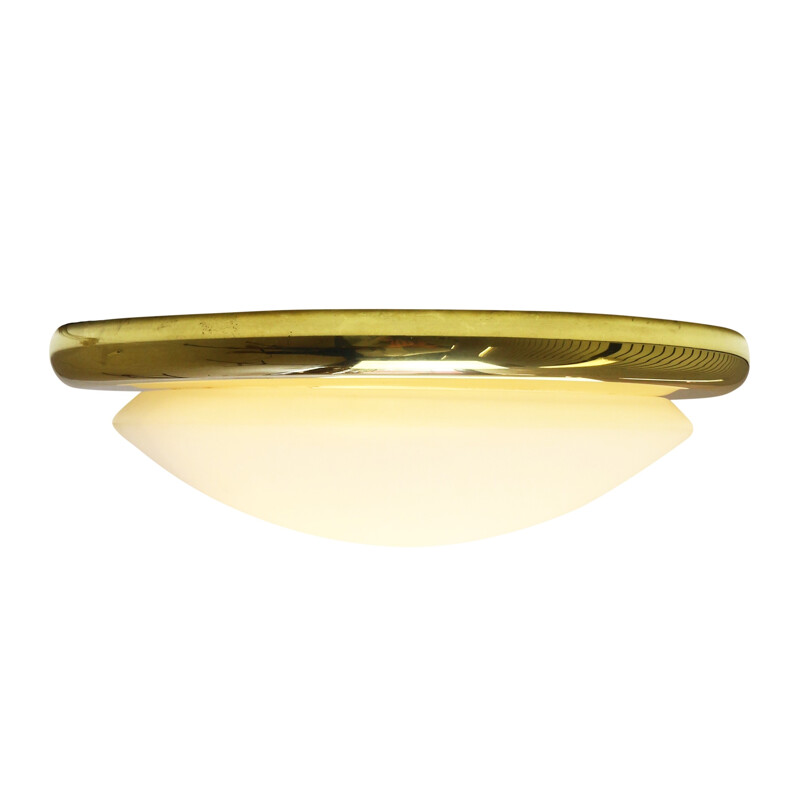 Mid-century circular opaline glass and golden steel ceiling lamp - 1970s