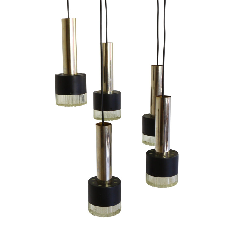 Heavy 5 lights chandelier with thick glass diffusers - 1960s