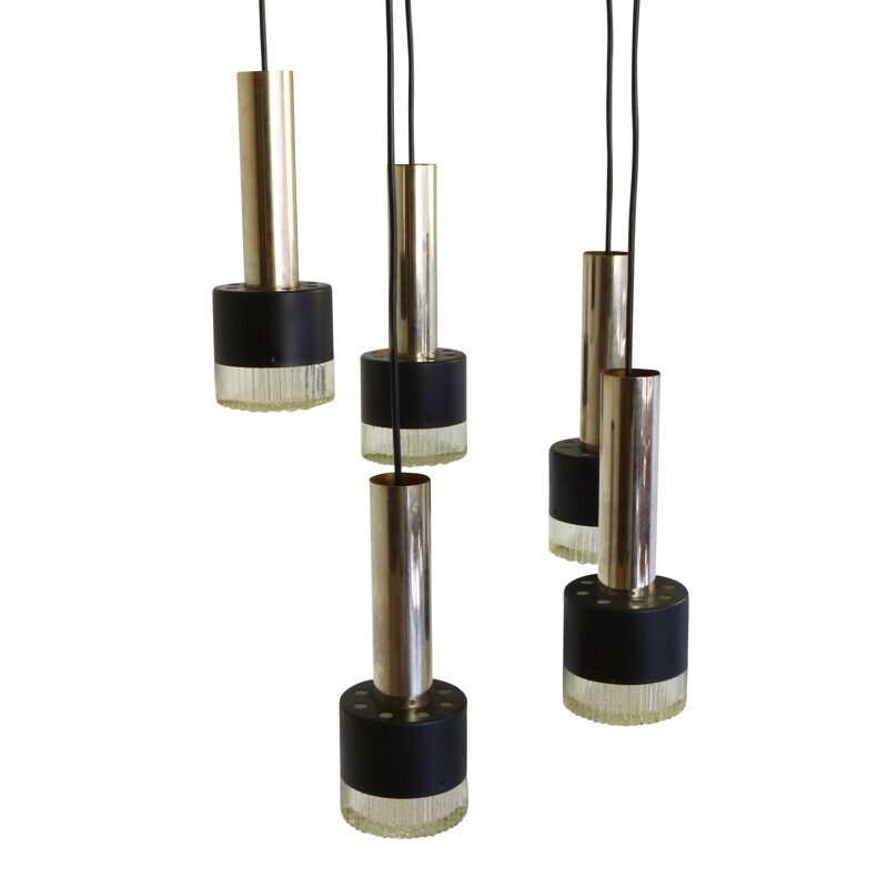 Lustre lourd à 5 lampes avec diffuseurs en verre épais - 1960