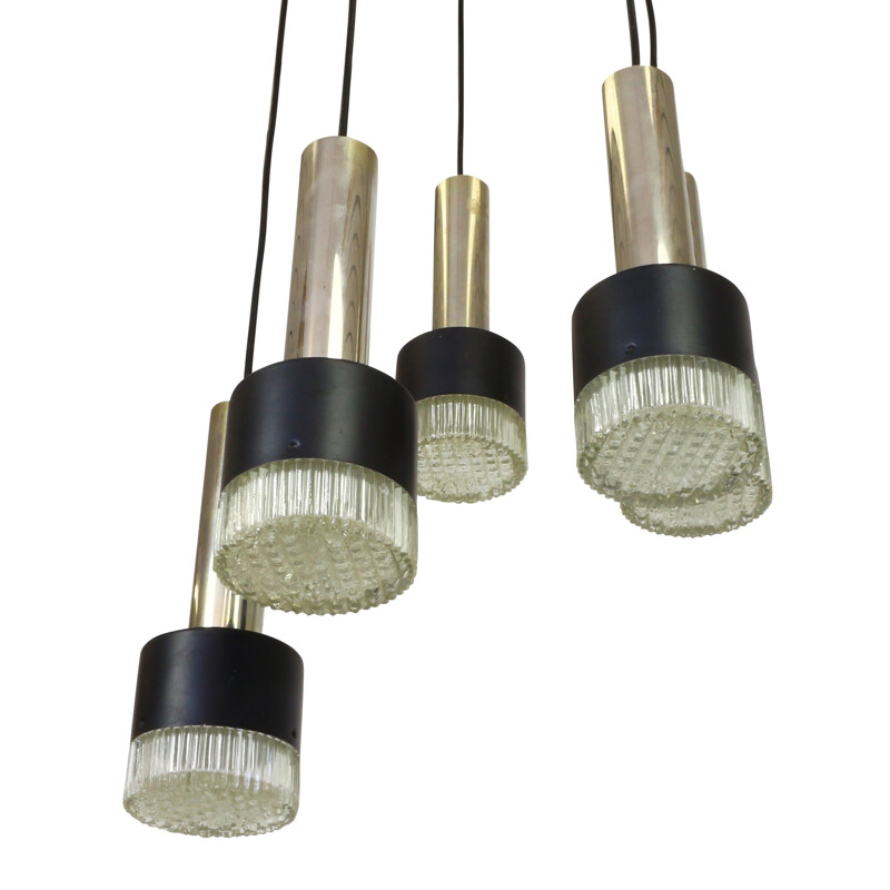 Heavy 5 lights chandelier with thick glass diffusers - 1960s