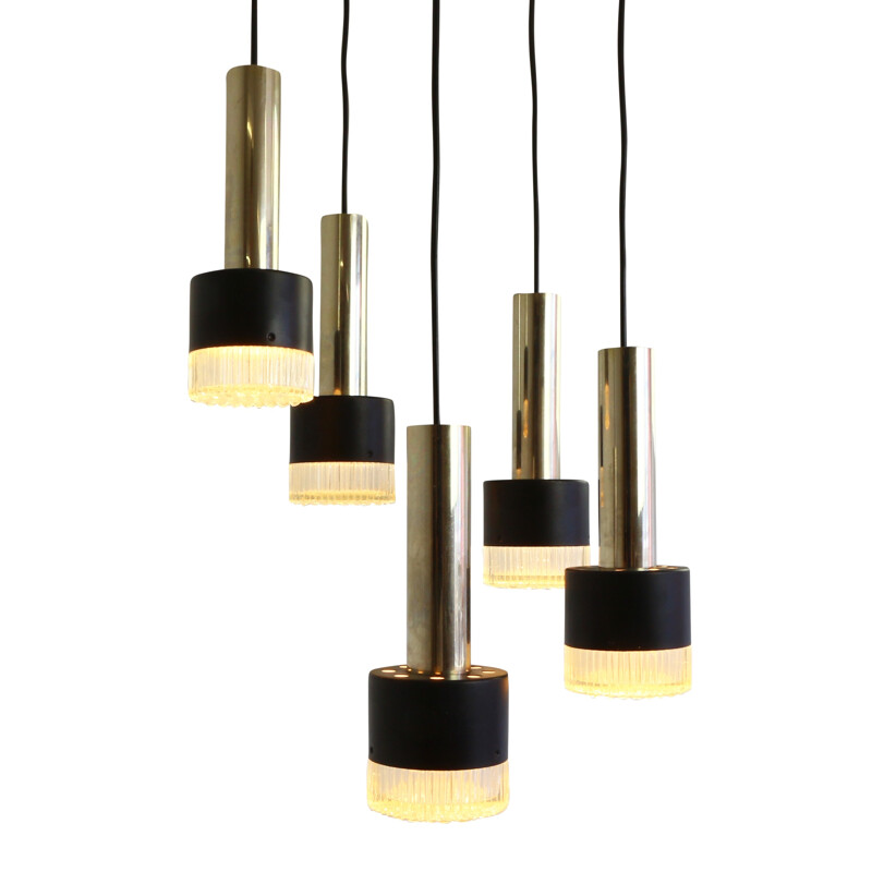Heavy 5 lights chandelier with thick glass diffusers - 1960s