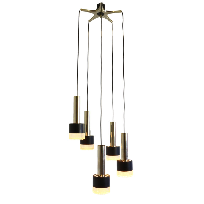 Heavy 5 lights chandelier with thick glass diffusers - 1960s