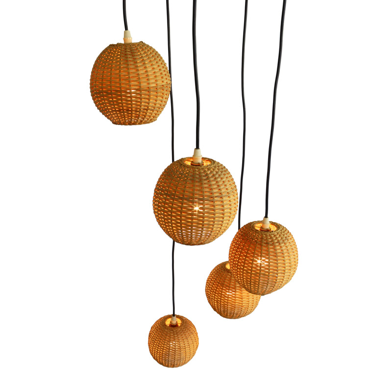 Large spiral hanging lamp with five small rattan globes - 1970s