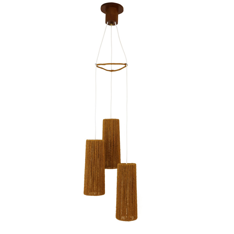 Suspension tricône scandinave avec abat-jour cylindrique en corde - 1950