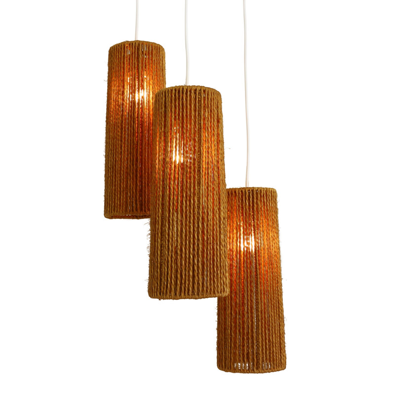 Suspension tricône scandinave avec abat-jour cylindrique en corde - 1950