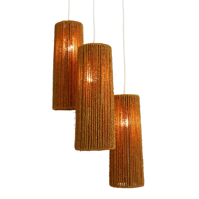 Tricone Scandinavian hanging lamp with cylindrical rope shades - 1950s