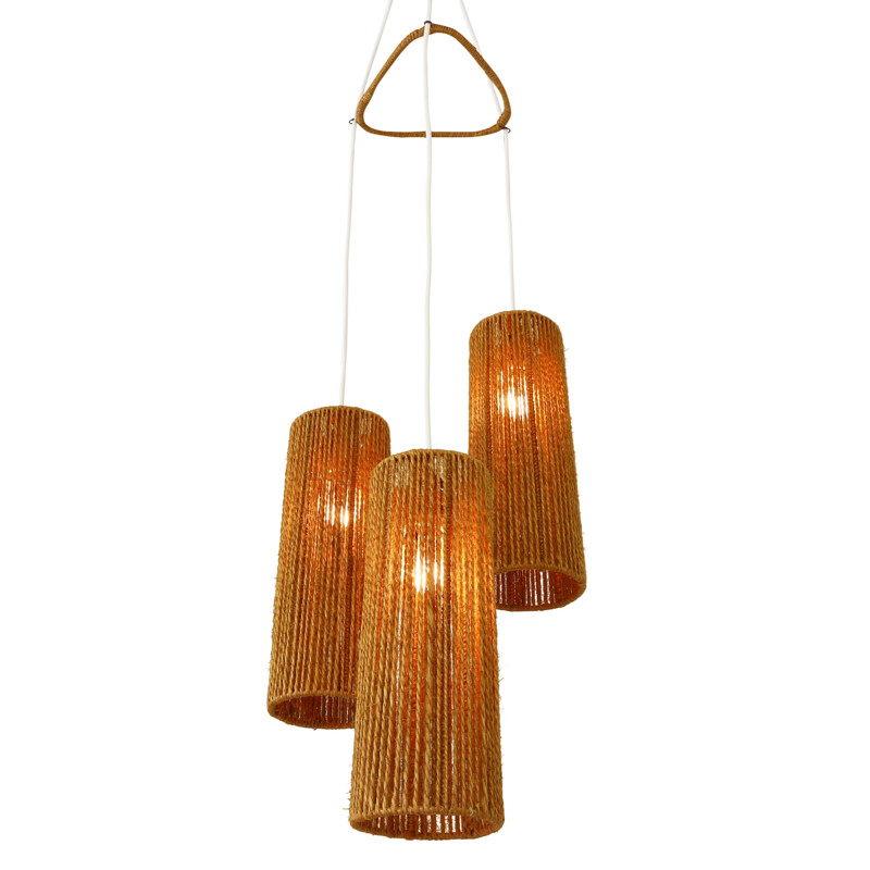 Tricone Scandinavian hanging lamp with cylindrical rope shades - 1950s