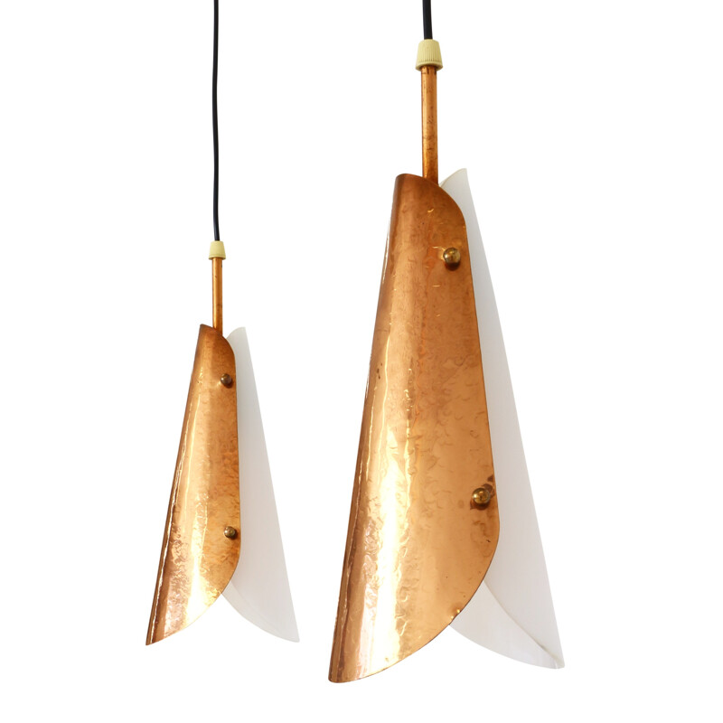 Set of two hanging lamps made of acrylic and hammered copper - 1950s