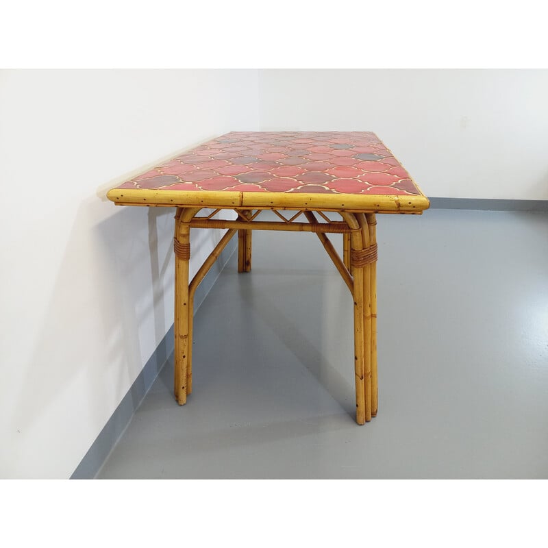 Table vintage en rotin et céramique par Audoux Minet pour Vallauris, 1950