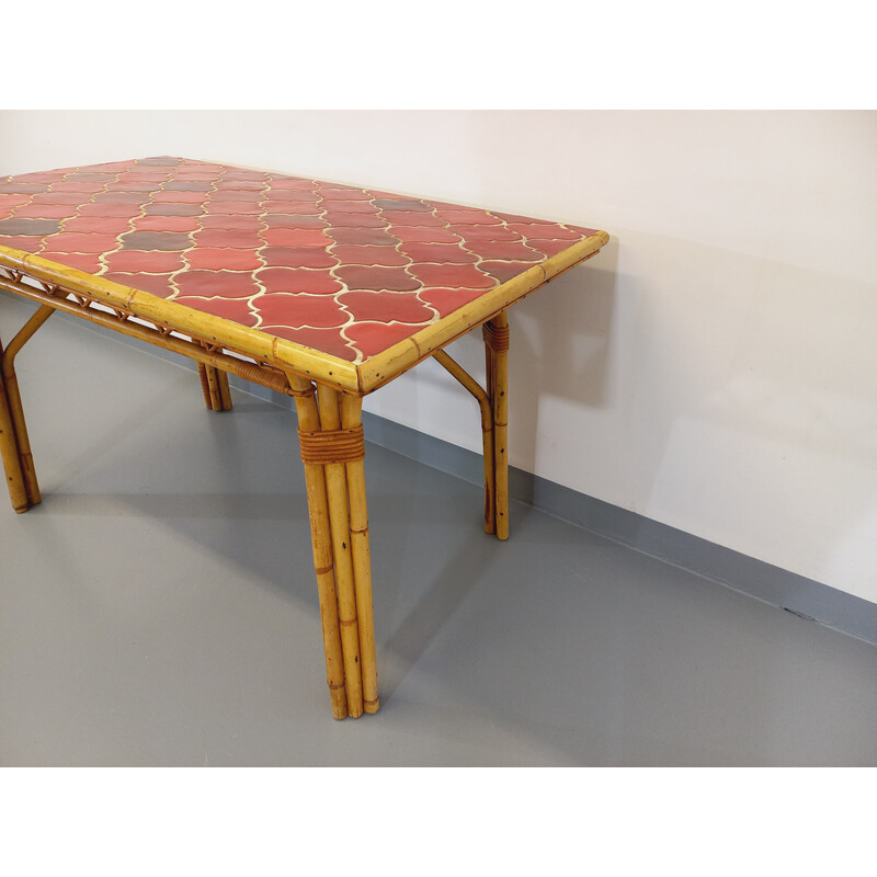 Table vintage en rotin et céramique par Audoux Minet pour Vallauris, 1950