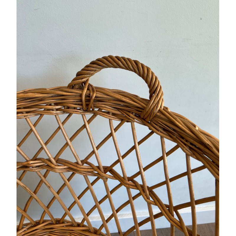 Vintage rattan cradle on wheels, France 1950