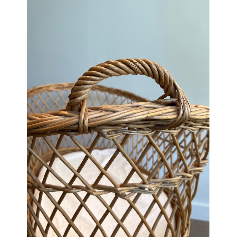 Vintage rattan cradle on wheels, France 1950