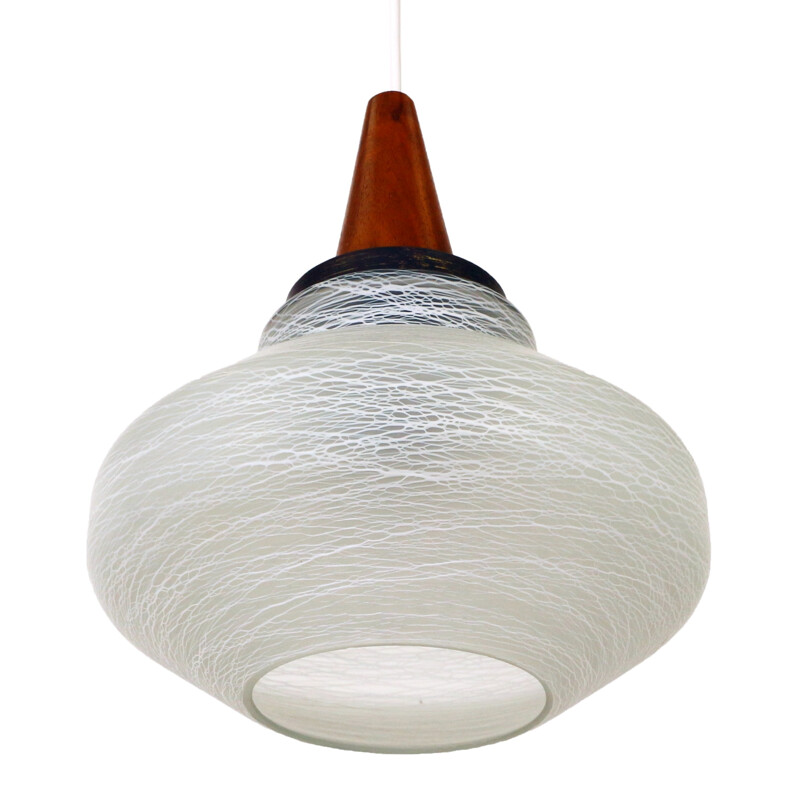 Scandinavian glass pendant light with wooden cap - 1960s