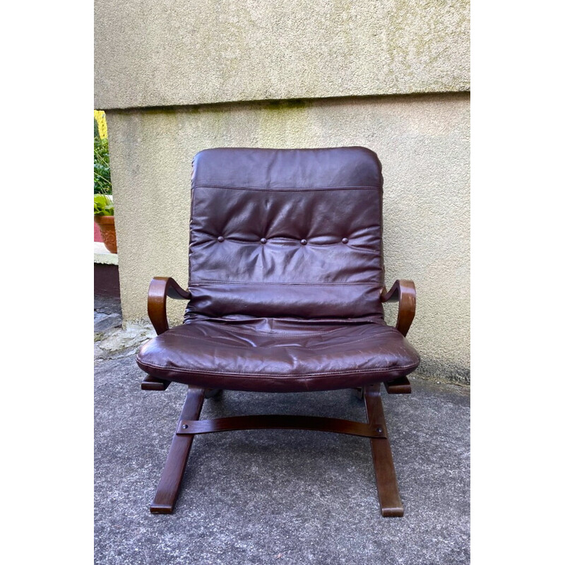 Vintage brown leather and wood armchair by Ingmar Relling for Westnofa Editions, 1960