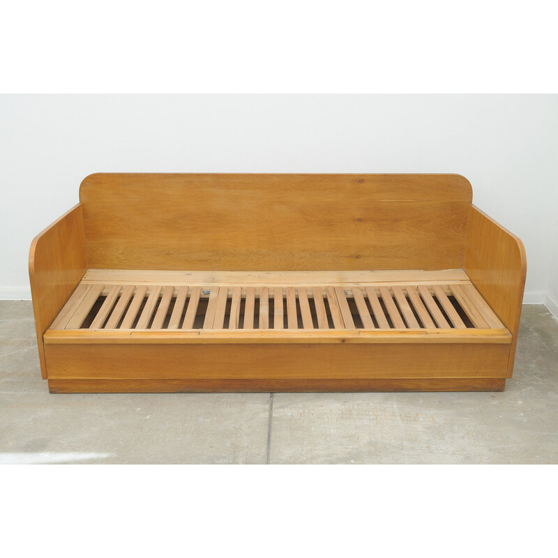 Vintage folding sofa bed in solid wood, Czechoslovakia 1950