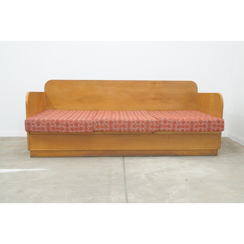 Vintage folding sofa bed in solid wood, Czechoslovakia 1950