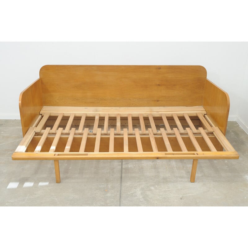 Vintage folding sofa bed in solid wood, Czechoslovakia 1950