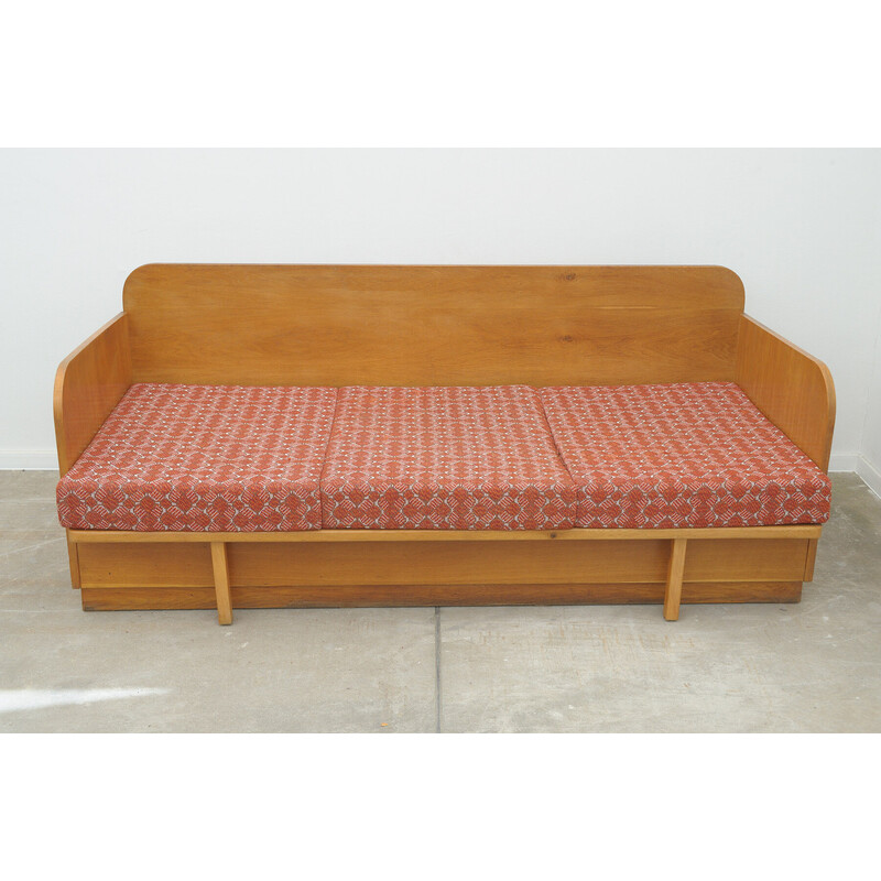 Sofá cama plegable vintage de madera maciza, Checoslovaquia 1950