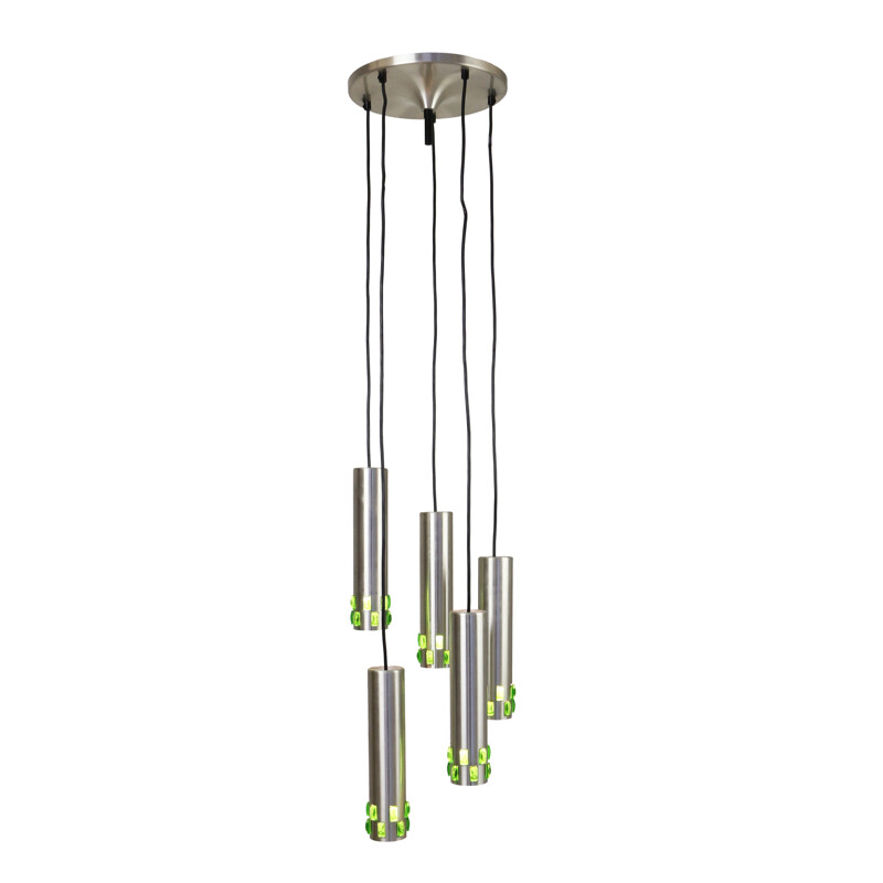 Spiral cascading chandelier with green glass details - 1960s