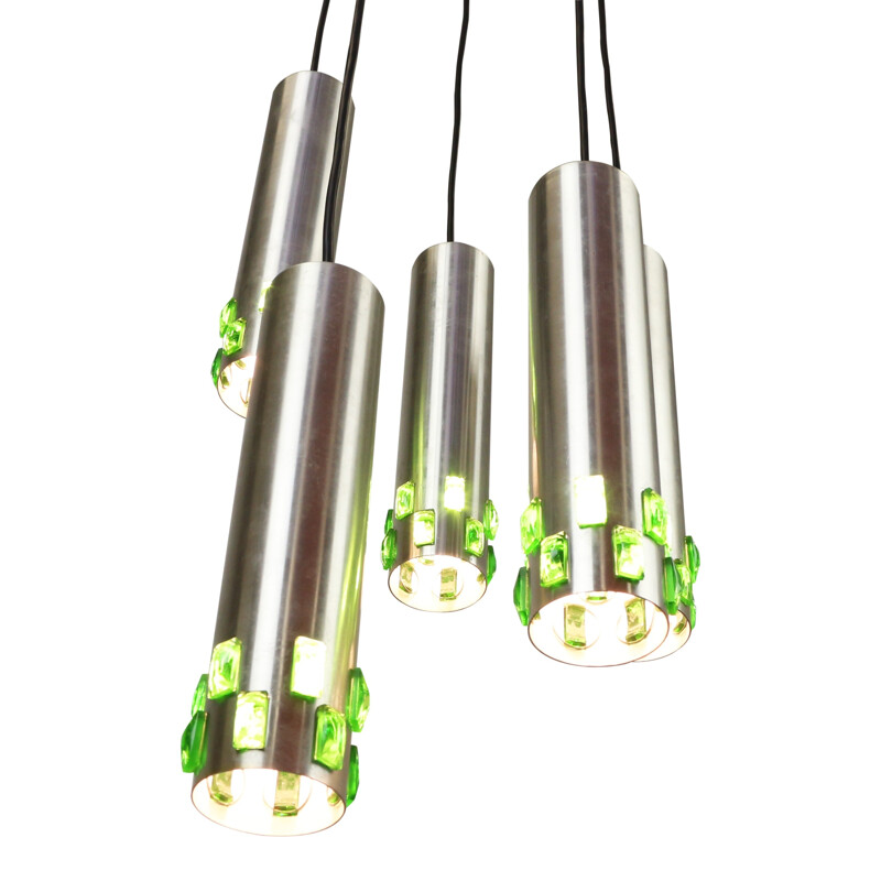 Spiral cascading chandelier with green glass details - 1960s