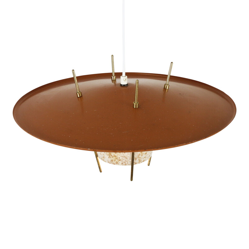 Brick red pendant with a perforated metal diffuser - 1950s