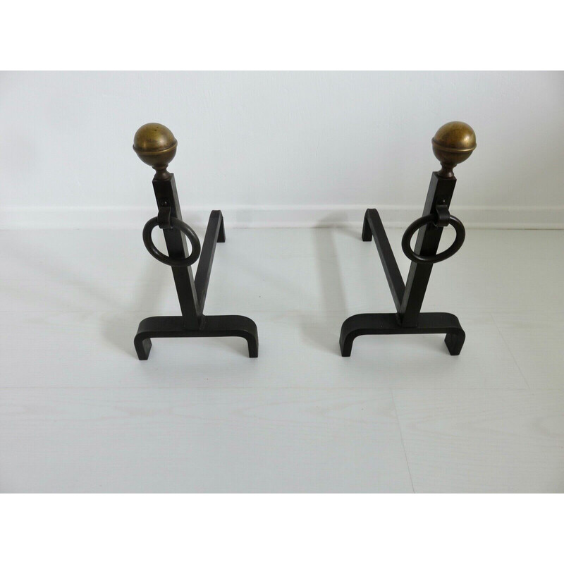 Pair of vintage steel and brass andirons, France 1950