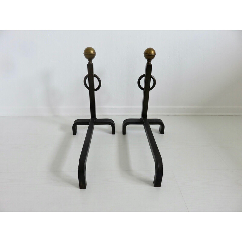 Pair of vintage steel and brass andirons, France 1950