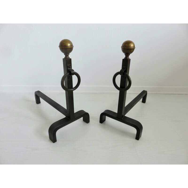 Pair of vintage steel and brass andirons, France 1950