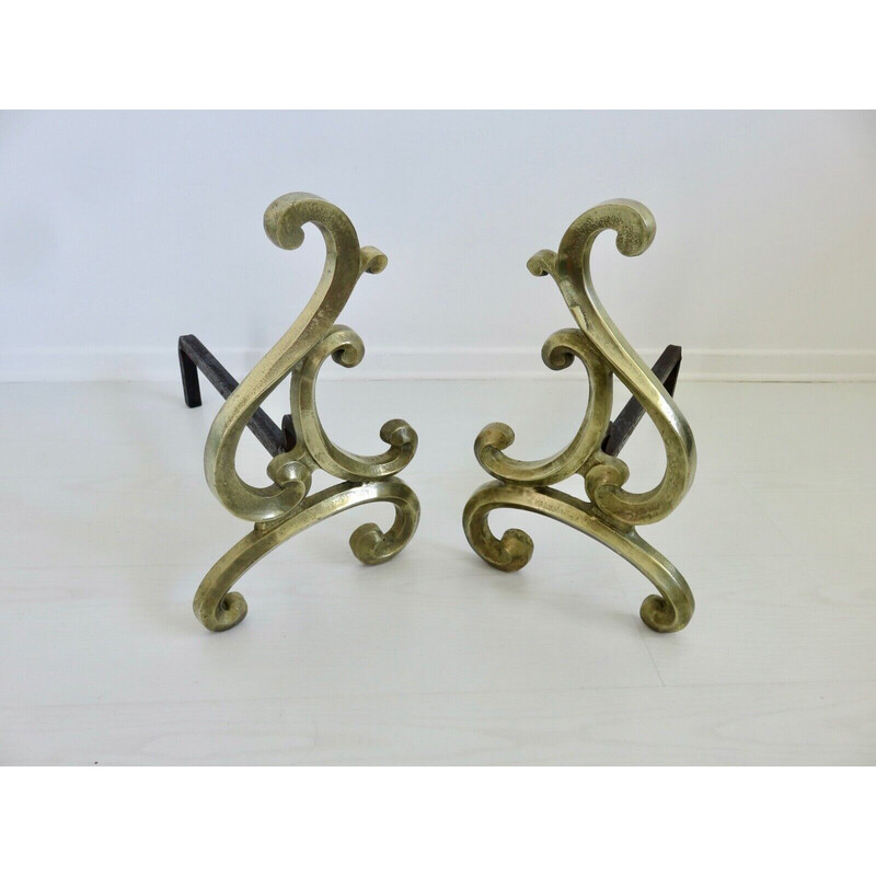 Pair of vintage andirons in solid bronze, France