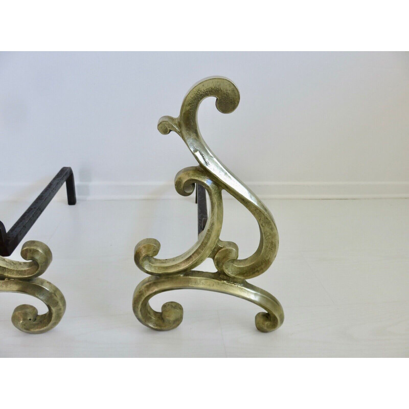 Pair of vintage andirons in solid bronze, France