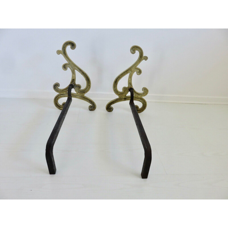 Pair of vintage andirons in solid bronze, France