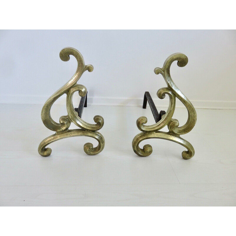 Pair of vintage andirons in solid bronze, France