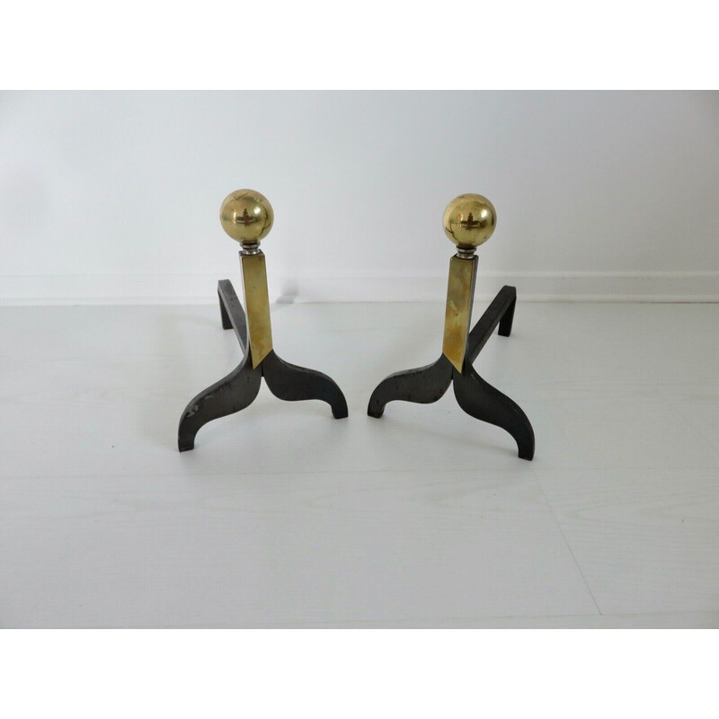 Pair of vintage steel and brass andirons, France 1960