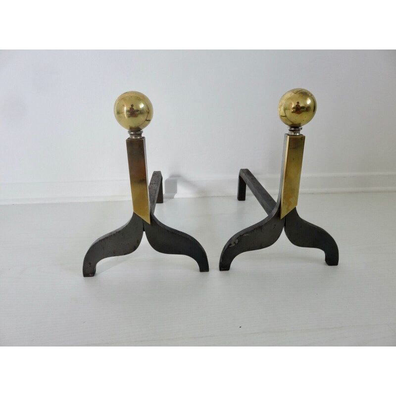 Pair of vintage steel and brass andirons, France 1960