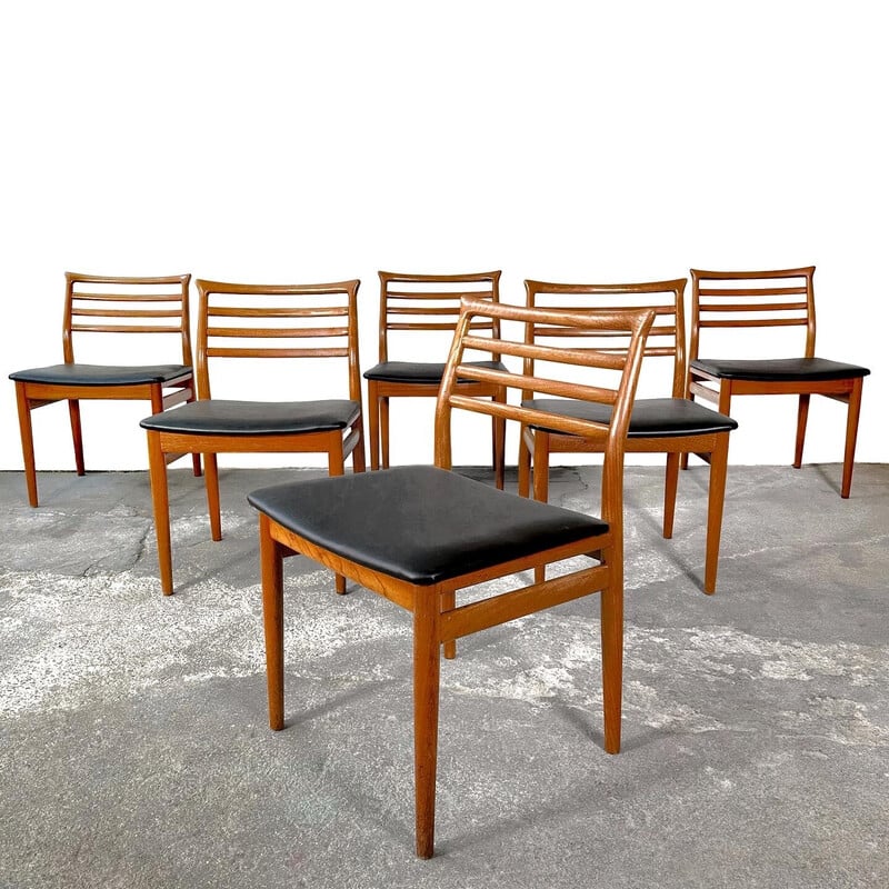 Lot de 6 chaises vintage en teck et similicuir noir par Erling Torvits pour Sorø Stolefabrik, Danemark 1960