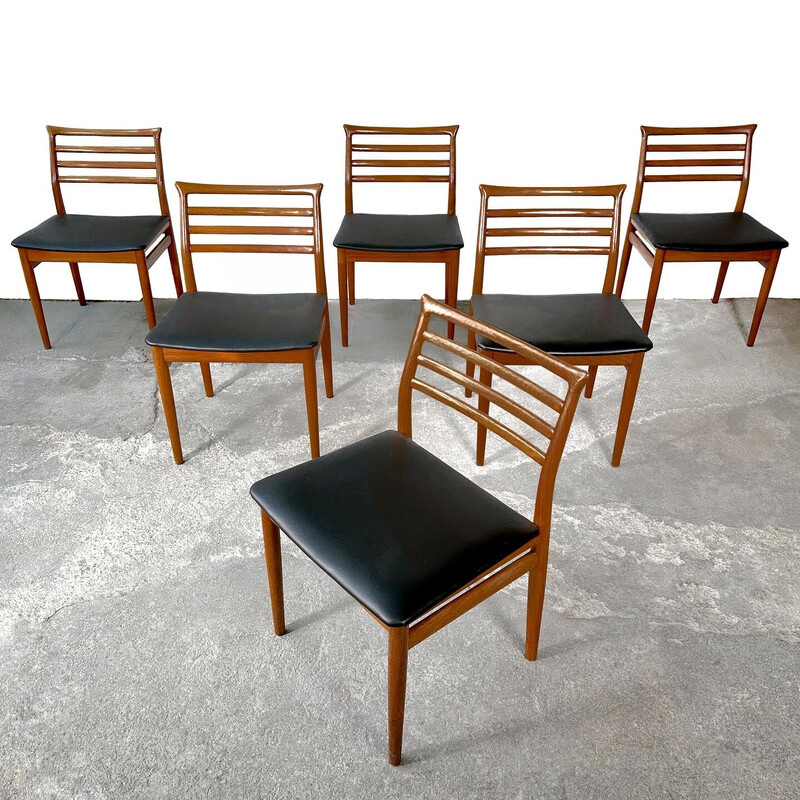 Lot de 6 chaises vintage en teck et similicuir noir par Erling Torvits pour Sorø Stolefabrik, Danemark 1960