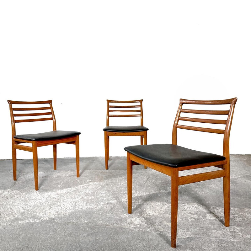 Lot de 6 chaises vintage en teck et similicuir noir par Erling Torvits pour Sorø Stolefabrik, Danemark 1960