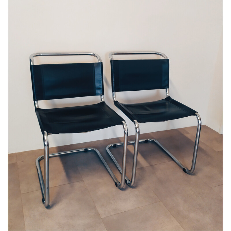 Pair of vintage black leather chairs by Marcel Breuer for Gavina, 1960