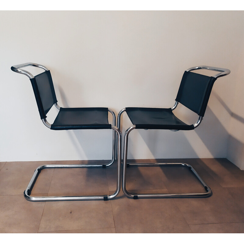 Pair of vintage black leather chairs by Marcel Breuer for Gavina, 1960