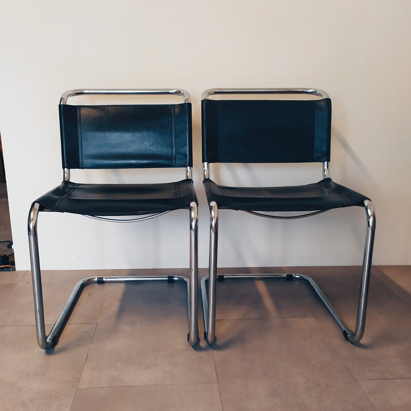 Pair of vintage black leather chairs by Marcel Breuer for Gavina, 1960