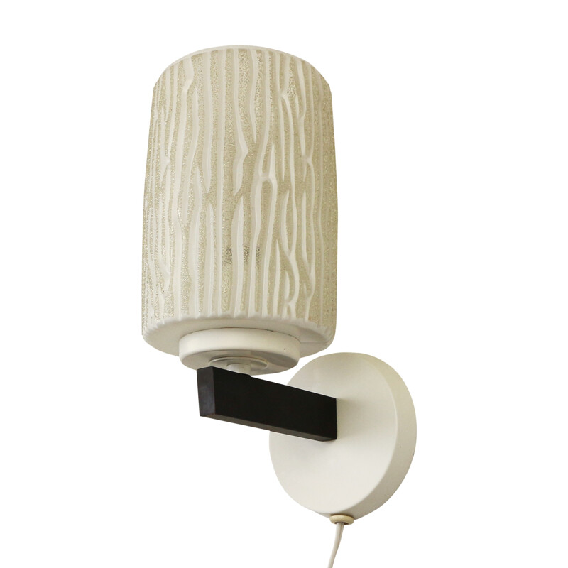 Modern black and white wall light with decorated glass shade - 1960s
