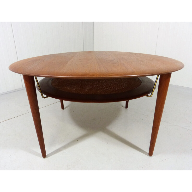 Vintage round teak and wicker coffee table by Peter Hvidt and Orla Molgaard-Nielsen for France and Son, Denmark