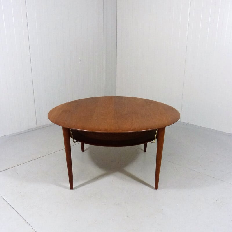 Vintage round teak and wicker coffee table by Peter Hvidt and Orla Molgaard-Nielsen for France and Son, Denmark