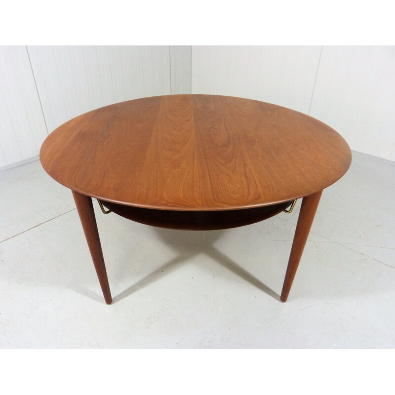 Vintage round teak and wicker coffee table by Peter Hvidt and Orla Molgaard-Nielsen for France and Son, Denmark