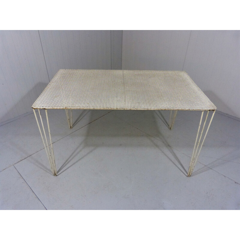 Vintage white perforated steel garden table, France 1950