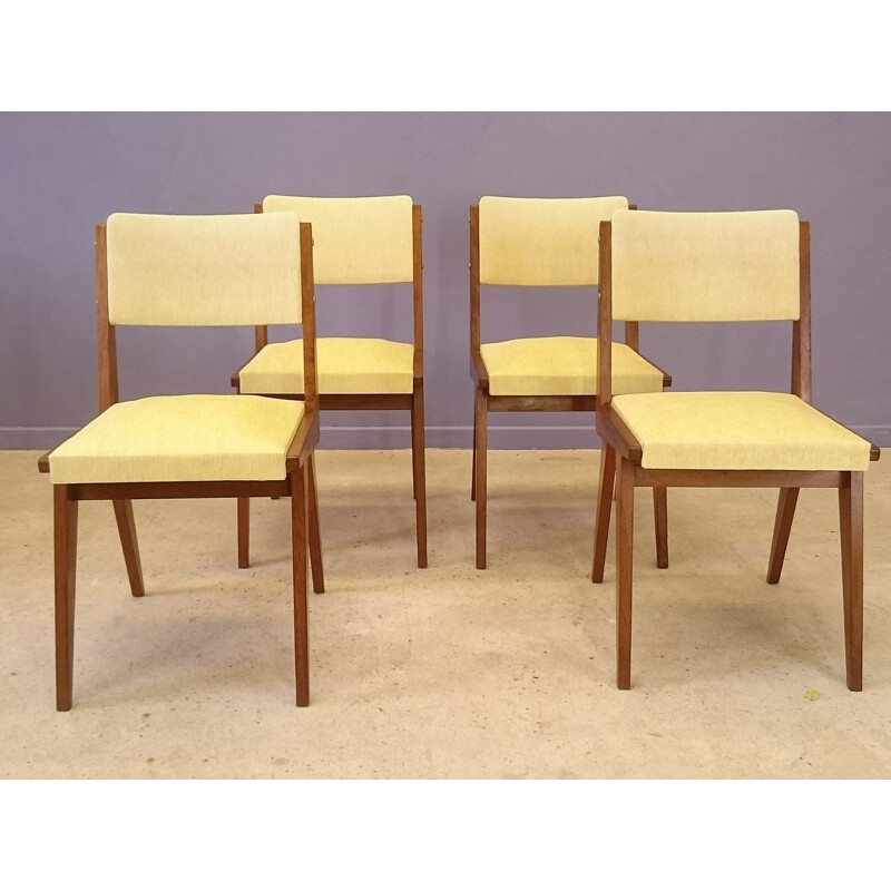 Set of 4 yellow vintage chairs in wood and leatherette  - 1950s